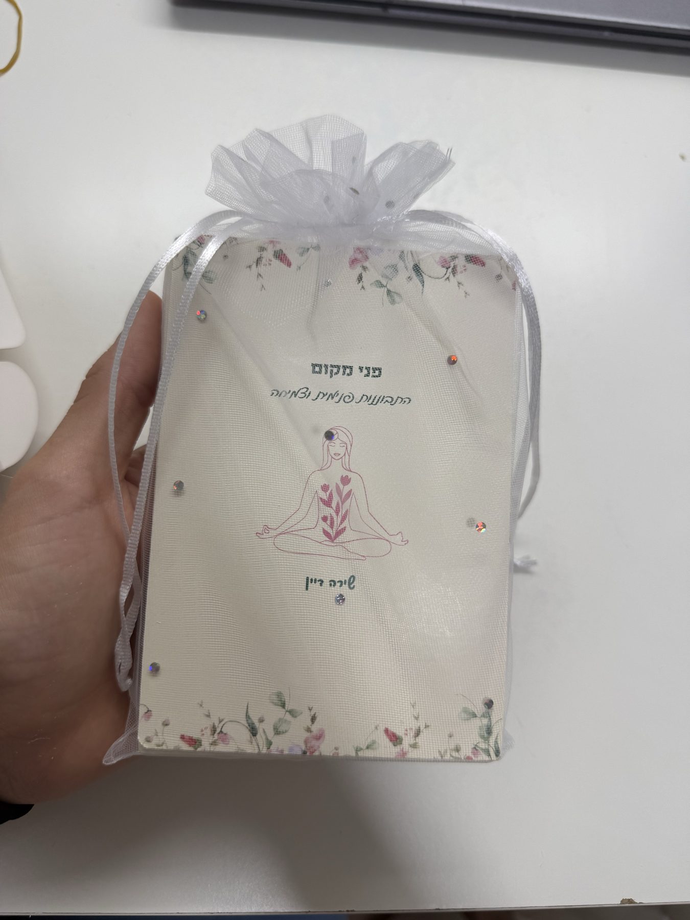 ערכת פני מקום ארוזה בשקית אורגנזה עם סרט טול לבן, מוחזקת ביד